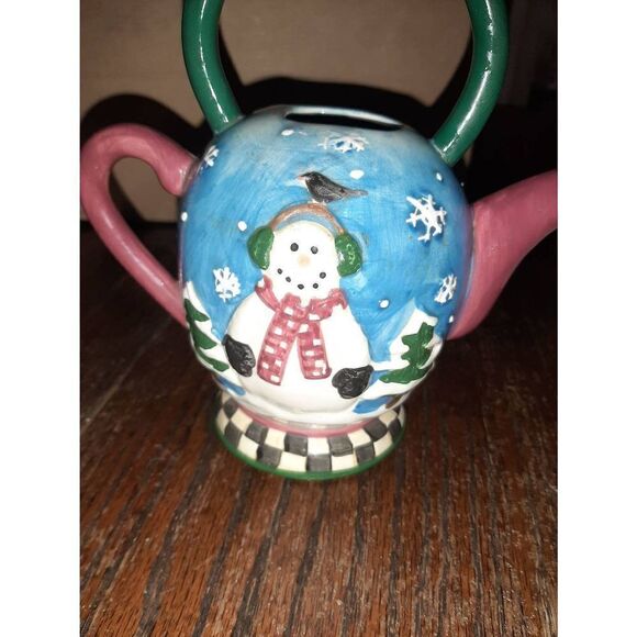 Vintage Oneida Sakura Snowglobe Christmas Holiday Snowman Mini Teapot - Picture 2 of 8